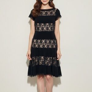 Joseph Ribkoff Black Lace Overlay Striped A-Line Dress SIZE 8